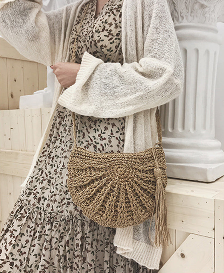 Lkblock New Half Round Straw Bags for Women Summer Beach Rattan Bag Handmade Woven Half Moon Crossbody Handbags Bohemia