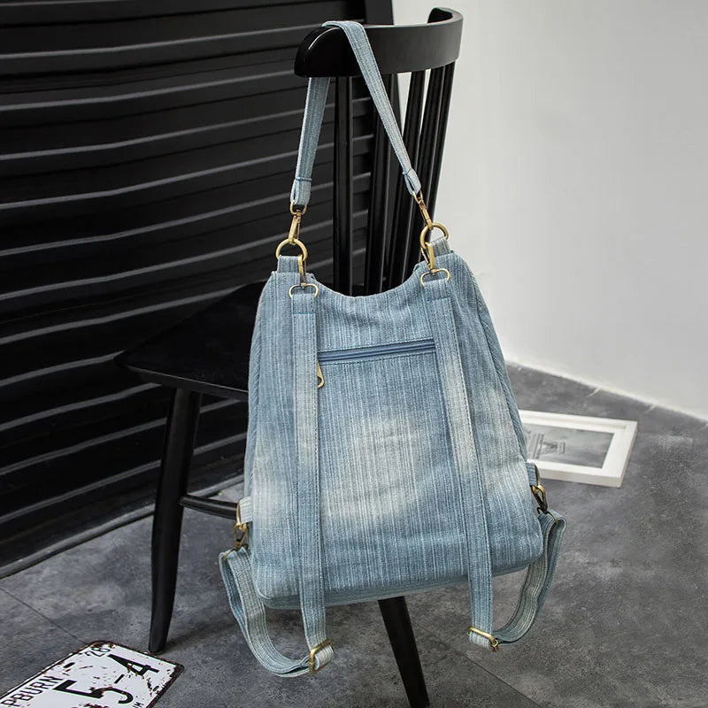 eybag Washed Denim Women backpack Big Jean multifunctional backpack female shoulder bag Casual Travel Bags Rucksack blue  Mochila Bols