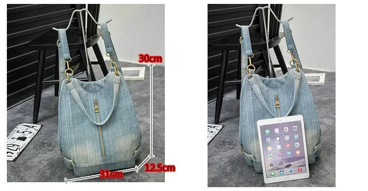 eybag Washed Denim Women backpack Big Jean multifunctional backpack female shoulder bag Casual Travel Bags Rucksack blue  Mochila Bols