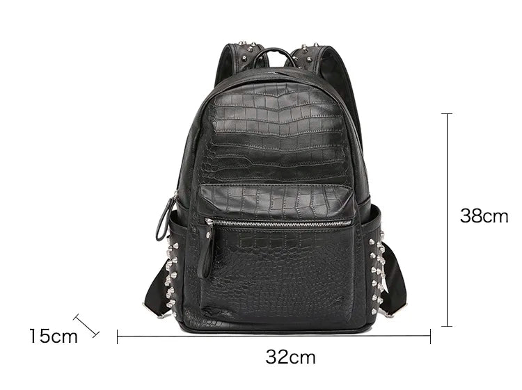 eybag Fashion rivets men backpack Large capacity Crocodile pattern man laptop backpack 15.6 Casual Travel bag pu leather Bagpack black