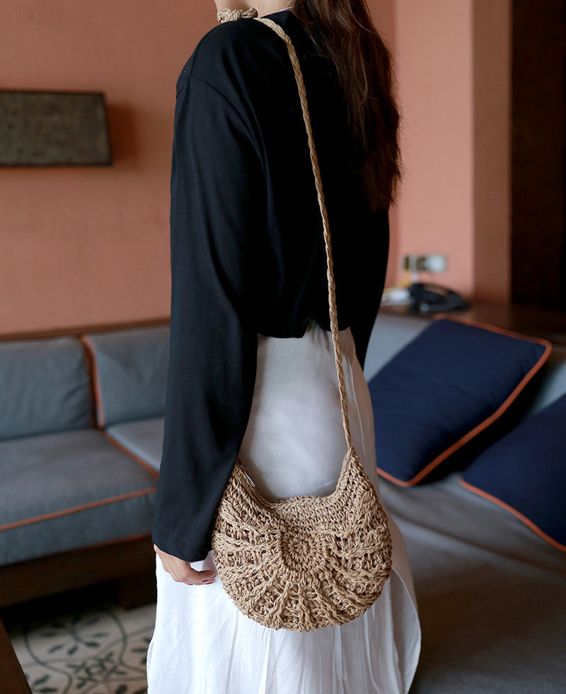 Lkblock New Half Round Straw Bags for Women Summer Beach Rattan Bag Handmade Woven Half Moon Crossbody Handbags Bohemia