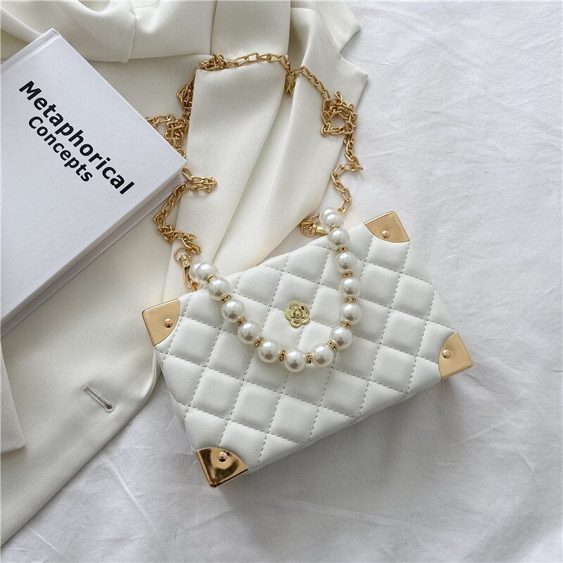 eybag Rhombus Lattice Shoulder Handbags for Women Luxury Leather Crossbody Bag Pearl Chain Tote Bag Ladies Solid Color Messenger Bags