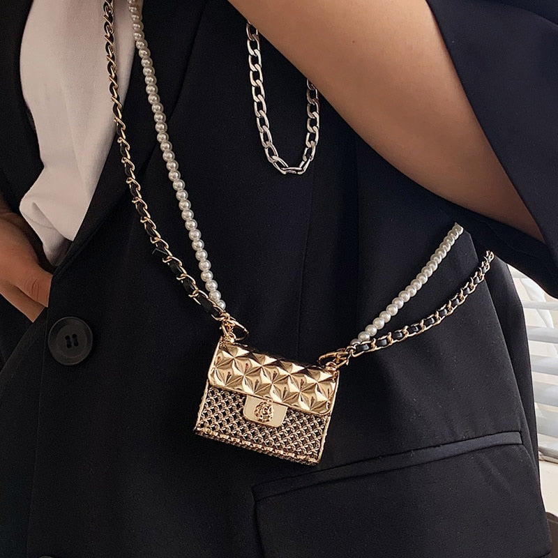 eybag Super Mini Metal Crossbody Shoulder Bags for Women Fashion Lingge Chains Halter Bag Luxury Beading Female Handbags and Coin Bags