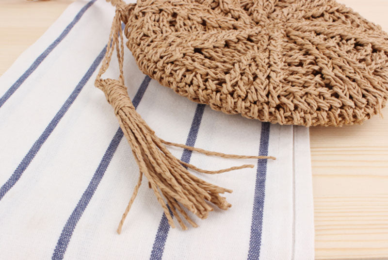 eybag Rattan Woven Round Women Straw Bag Handbag Knit Summer Beach Bag Woman Shoulder Messenger Bag Tassel Khaki Beige Crossbody Bags