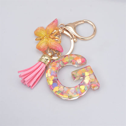 eybag New Exquisite 26 Letter Resin Keychain with Pink Tassel Gradient Butterfly Pendant Key Ring Women Bag Ornaments Accessories Gift