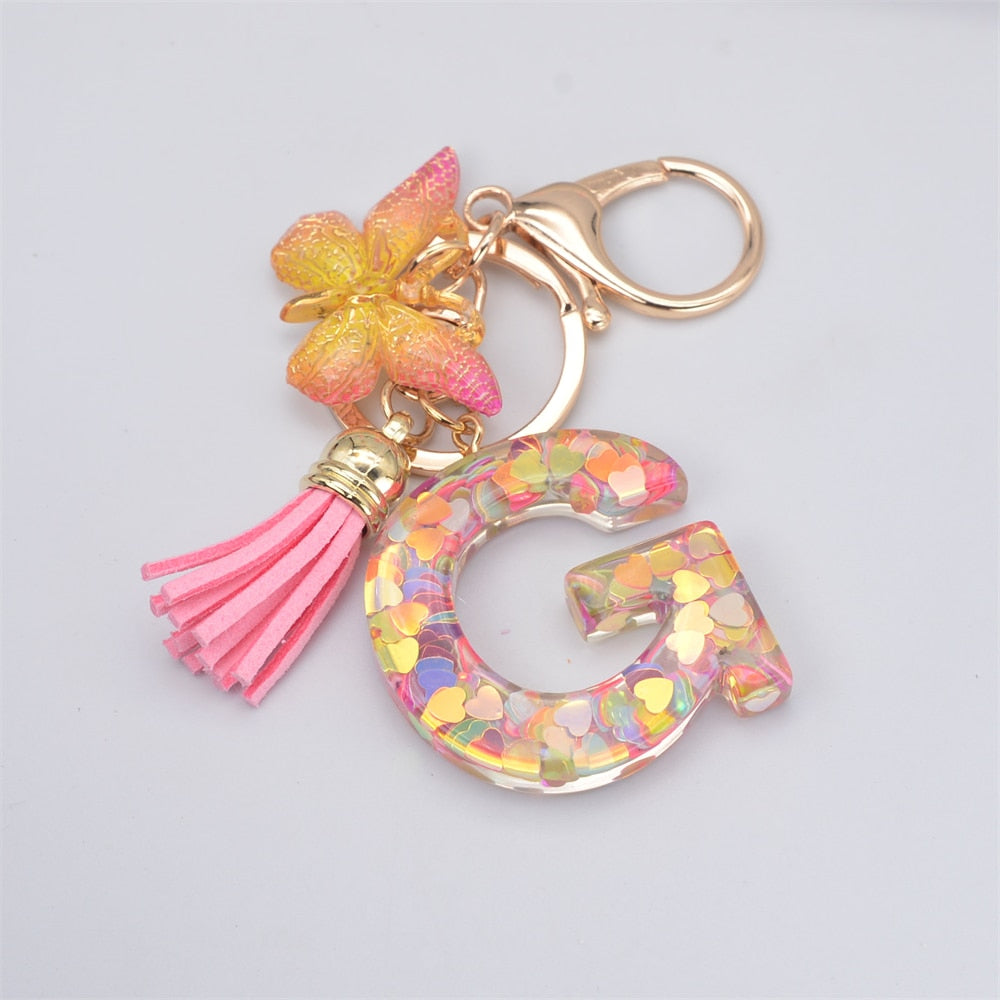 Lkblock New Exquisite 26 Letter Resin Keychain with Pink Tassel Gradient Butterfly Pendant Key Ring Women Bag Ornaments Accessories Gift