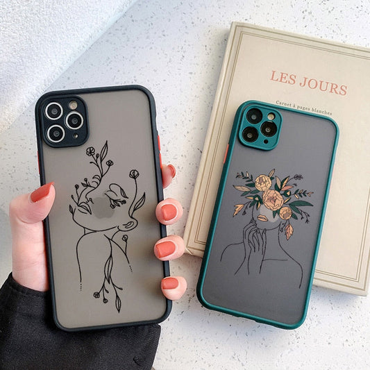 eybag ine Art Sketch Flower Girl Protection Phone Case For iPhone 12 11 13 Pro MAX X XS XR SE 2 6s 7 8 Plus Hard Translucent Cover