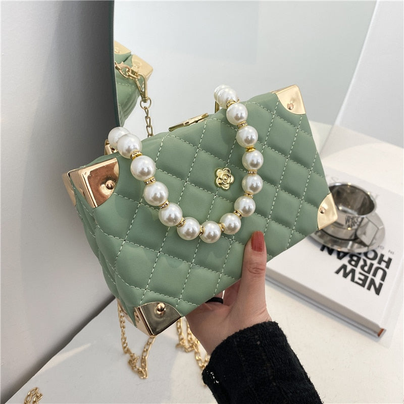 eybag Rhombus Lattice Shoulder Handbags for Women Luxury Leather Crossbody Bag Pearl Chain Tote Bag Ladies Solid Color Messenger Bags