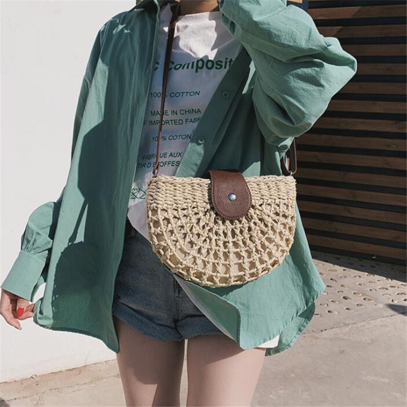 eybag Casual Half Moon Women Straw Rattan Shoulder Bags Wicker Woven Lady Hollow Crossbody Bag Summer Beach Travel Small Handbag Purse