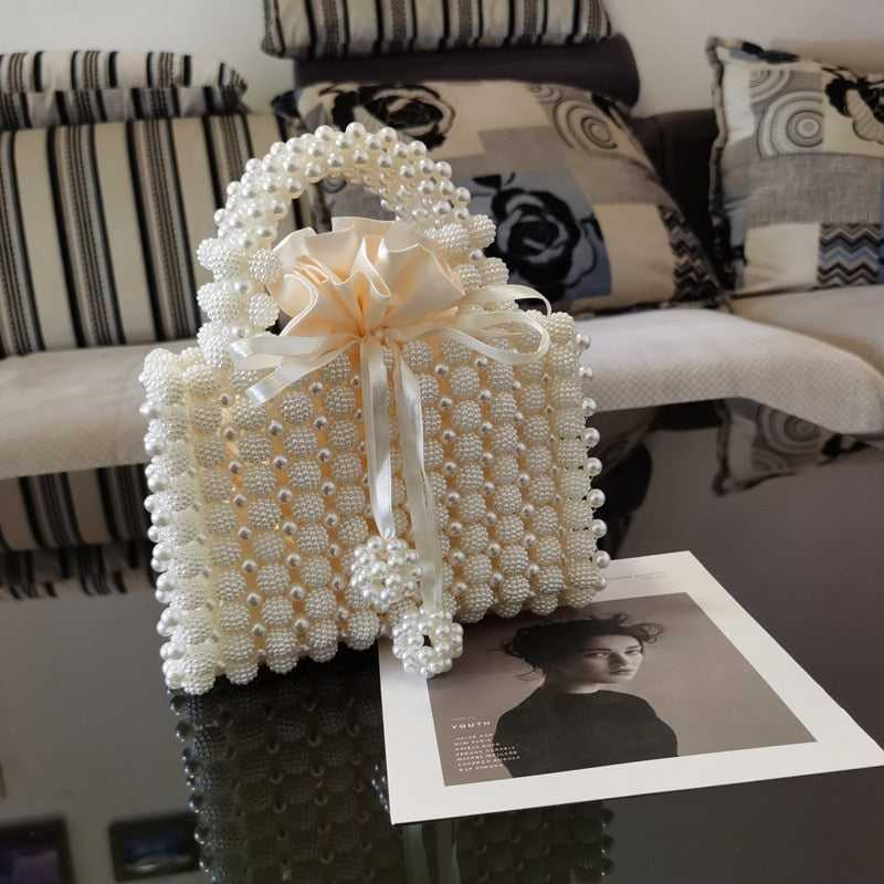 Lkblock Luxury Pearls Bag Handmade Beading Women Handbag Elegant Woven Party Wedding Evening Bag Small Box Basket Bags for Women 2021