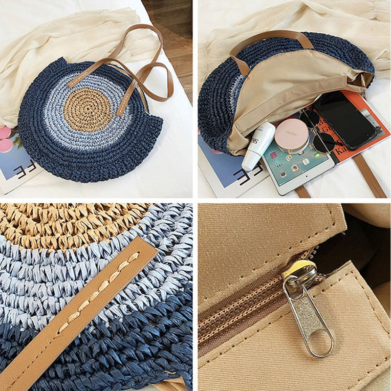 Lkblock Large Capacity Round Zipper Fashionable Straw Woven Bag Handmade Summer Beach Travel Holiday Women Bags