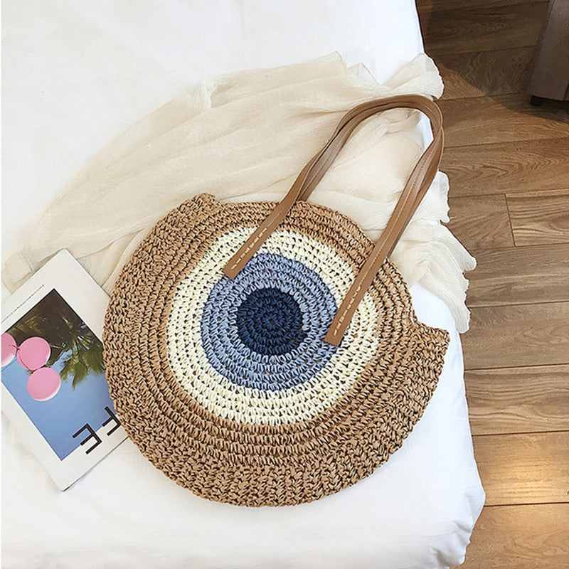 Lkblock Large Capacity Round Zipper Fashionable Straw Woven Bag Handmade Summer Beach Travel Holiday Women Bags