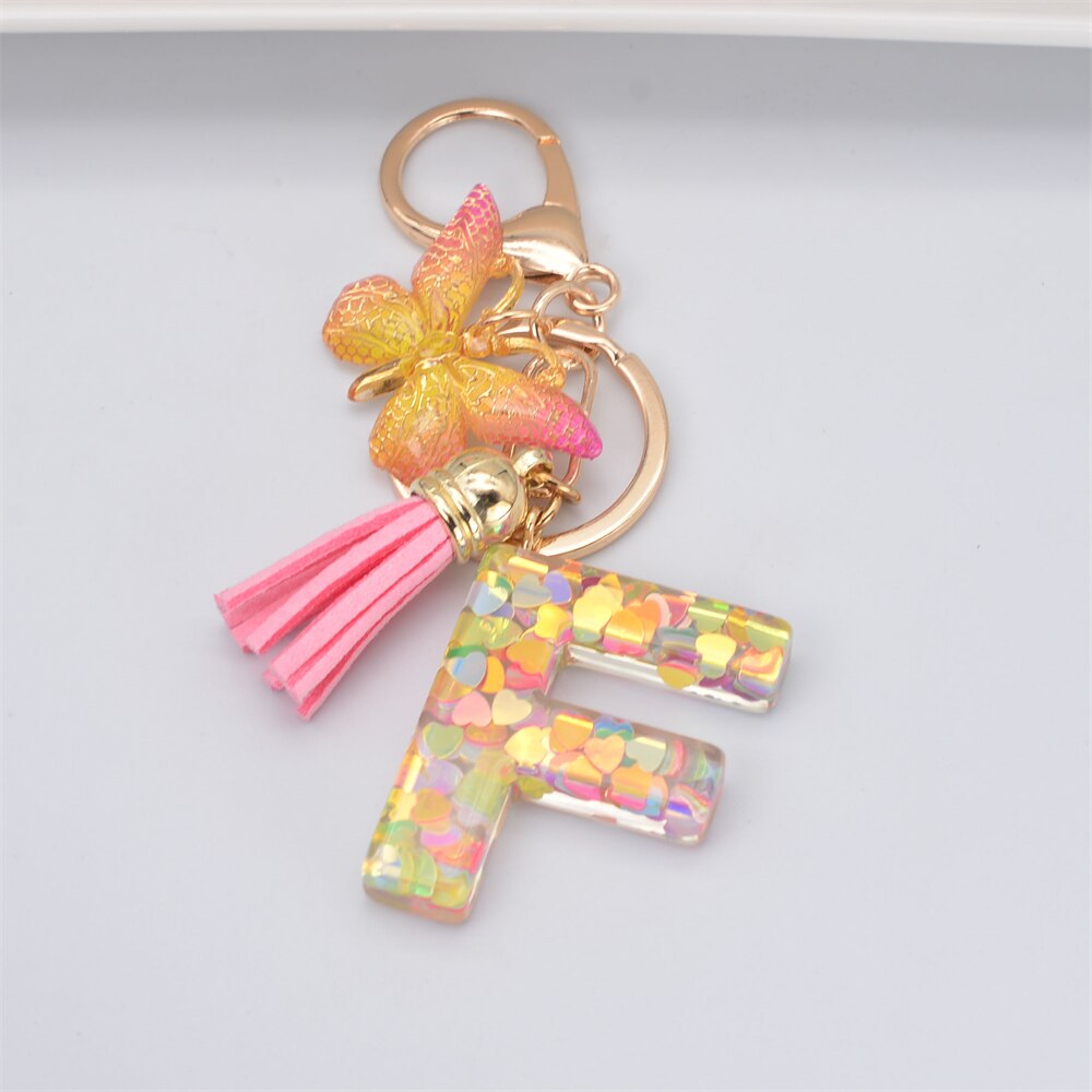 eybag New Exquisite 26 Letter Resin Keychain with Pink Tassel Gradient Butterfly Pendant Key Ring Women Bag Ornaments Accessories Gift