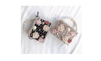 Lkblock Luxury Wedding Clutch Purse Elegant Flower Pearl Handbag for Women Evening Bag Rhinestone Metal Hollow Party Bucket Bag ZD1636