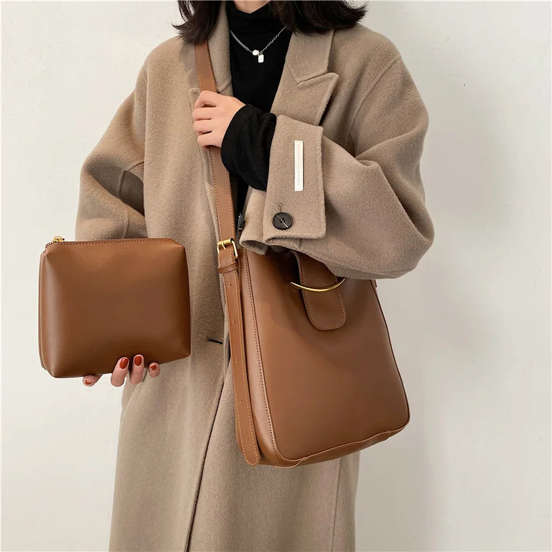 eybag Vintage Simple PU Leather Bucket Crossbody Bags for Women 2023 Luxury Designer Lady Shoulder bags Ladies Handbags 2 Pcs/set