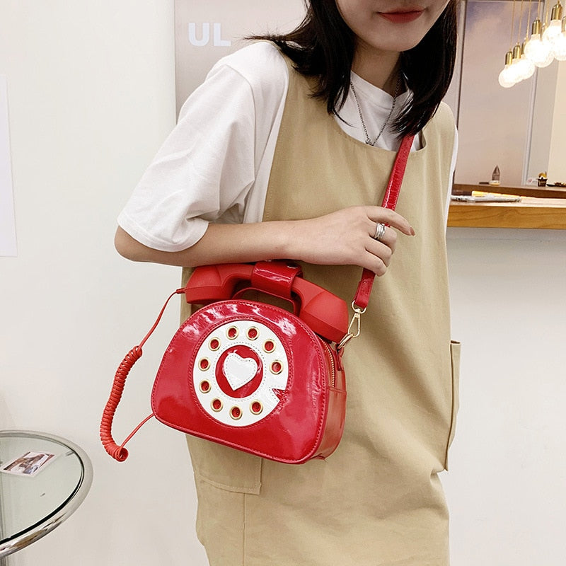 eybag Telephone Shape Women's Purses and Handbags Pink Shoulder Crosbody Bag for Girl Patent Leather Casual Tote Bags Messenger Bag