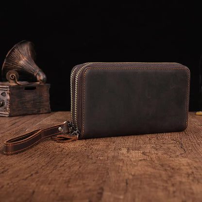 eybag Men Double Zipper Genuine Leather Wallet Male Business Clutch Purse Long Phone Card Holder Men's Clutch Wallet Vintage Handy Bag