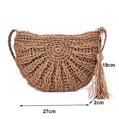 Lkblock New Half Round Straw Bags for Women Summer Beach Rattan Bag Handmade Woven Half Moon Crossbody Handbags Bohemia