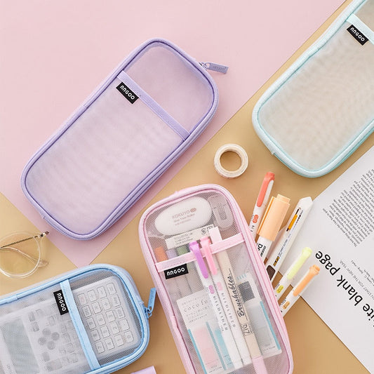 eybag 1pcs Angoo Transparent Mesh Pencil Case Pen Bag High Quality Ice Cream Color Storage Pouch Organizer for Stationery School A6452