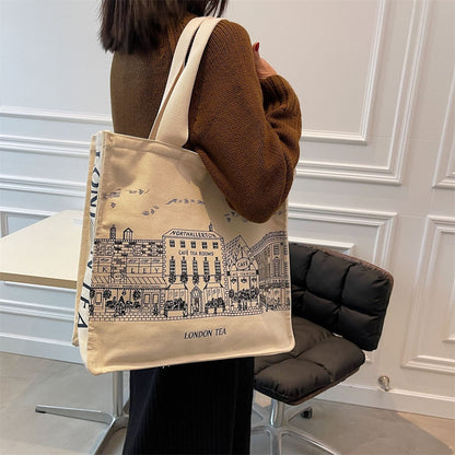 eybag Women Literature and Art Shoulder Canvas Bags Fashion Printing Student Simple Korean Casual Shopping Bag Large Capacity Tote Bag