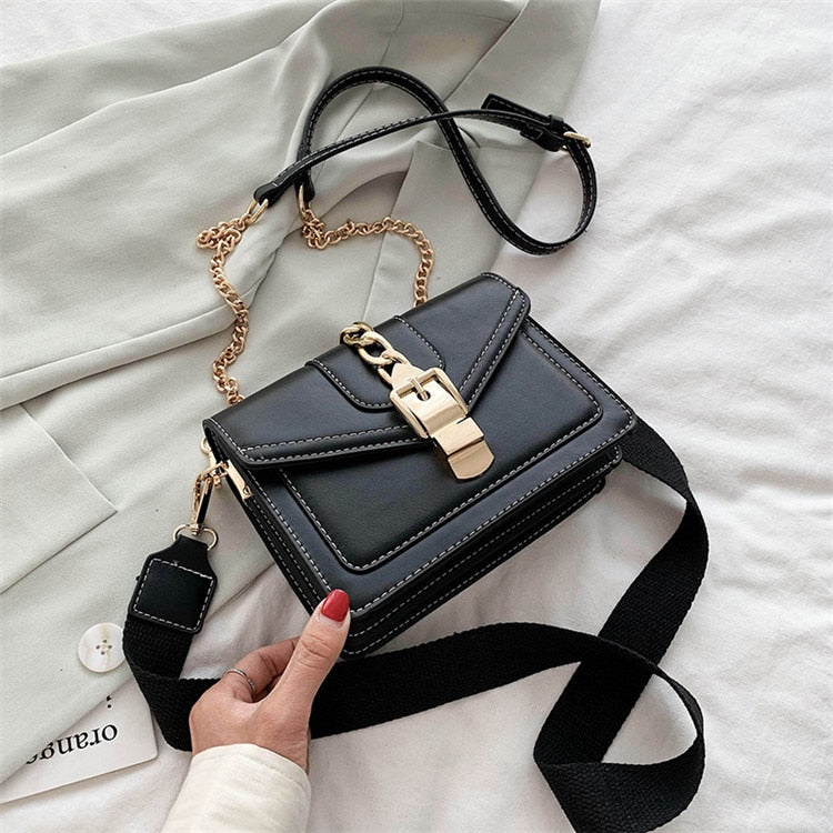 Lkblock Fashion chain lady Sling bag Panelled color PU Leather Crossbody Bag For Women 2022 new Wide strap Shoulder Messenger Bag Ladies