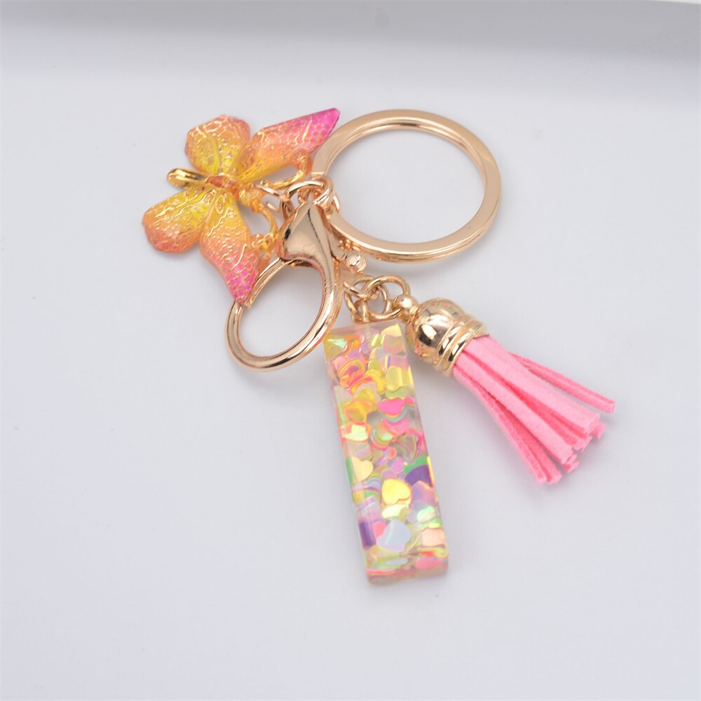 Lkblock New Exquisite 26 Letter Resin Keychain with Pink Tassel Gradient Butterfly Pendant Key Ring Women Bag Ornaments Accessories Gift