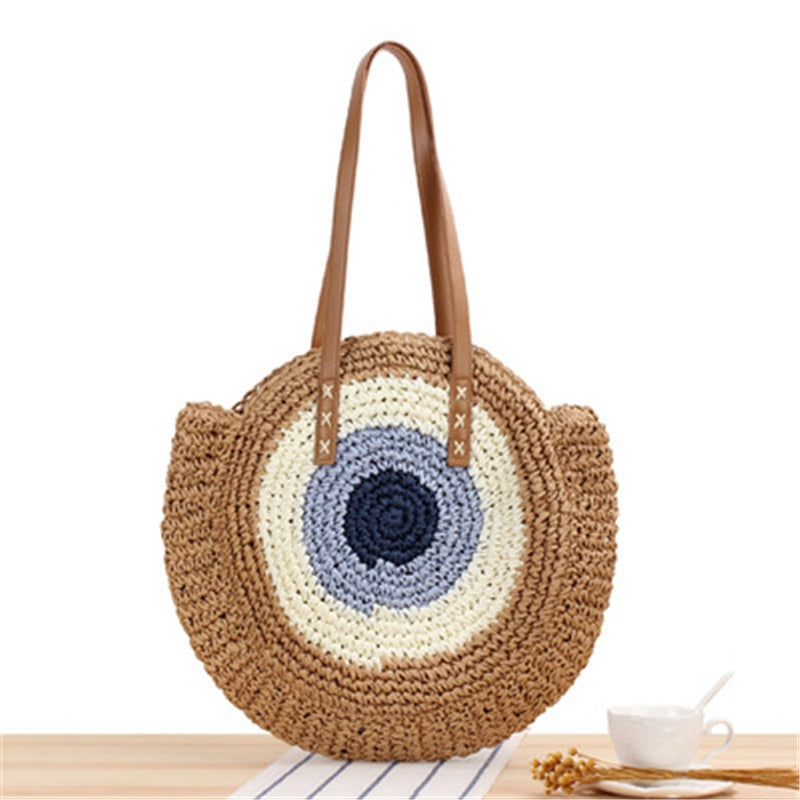 Lkblock Large Capacity Round Zipper Fashionable Straw Woven Bag Handmade Summer Beach Travel Holiday Women Bags