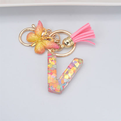 eybag New Exquisite 26 Letter Resin Keychain with Pink Tassel Gradient Butterfly Pendant Key Ring Women Bag Ornaments Accessories Gift