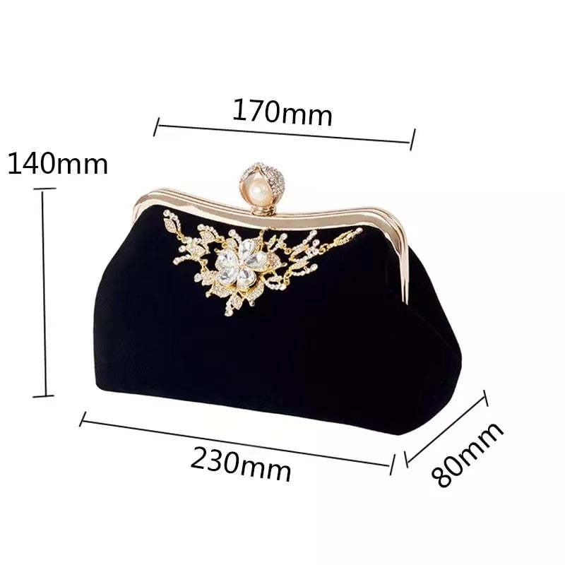 eybag Velvet Evening clutch bag women Diamond Pearl Purse Vintage Crystal Flower Wedding Party Bride Handbag for lady black B358