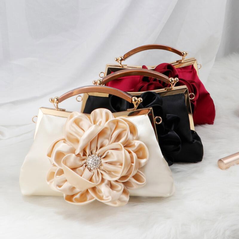 eybag Satin Flower Clutches Handbag Women's small Evening Bag Diamond Wedding Purse elegant Chain Shoulder Bags champagne red