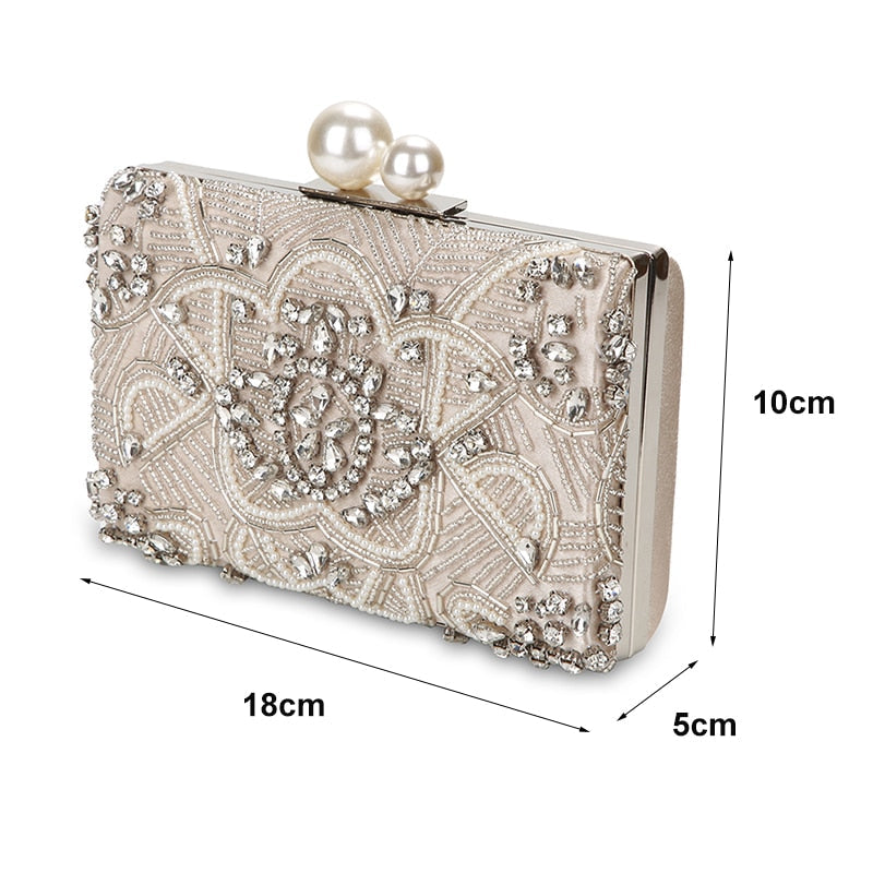 eybag Apricot Silver Crystal Clutch Bags Handmade Beaded Pearl Wedding Clutch Purse Luxury Handbags Women Shoulder Bags