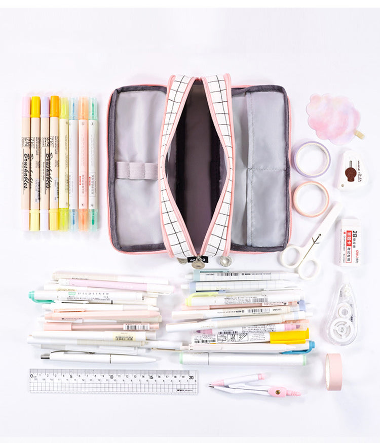 eybag Large Capacity Pencil Case Grid Canvas Pencilcase Student Pen Holder Supplies Pencil Bag School Box Pouch Stationery