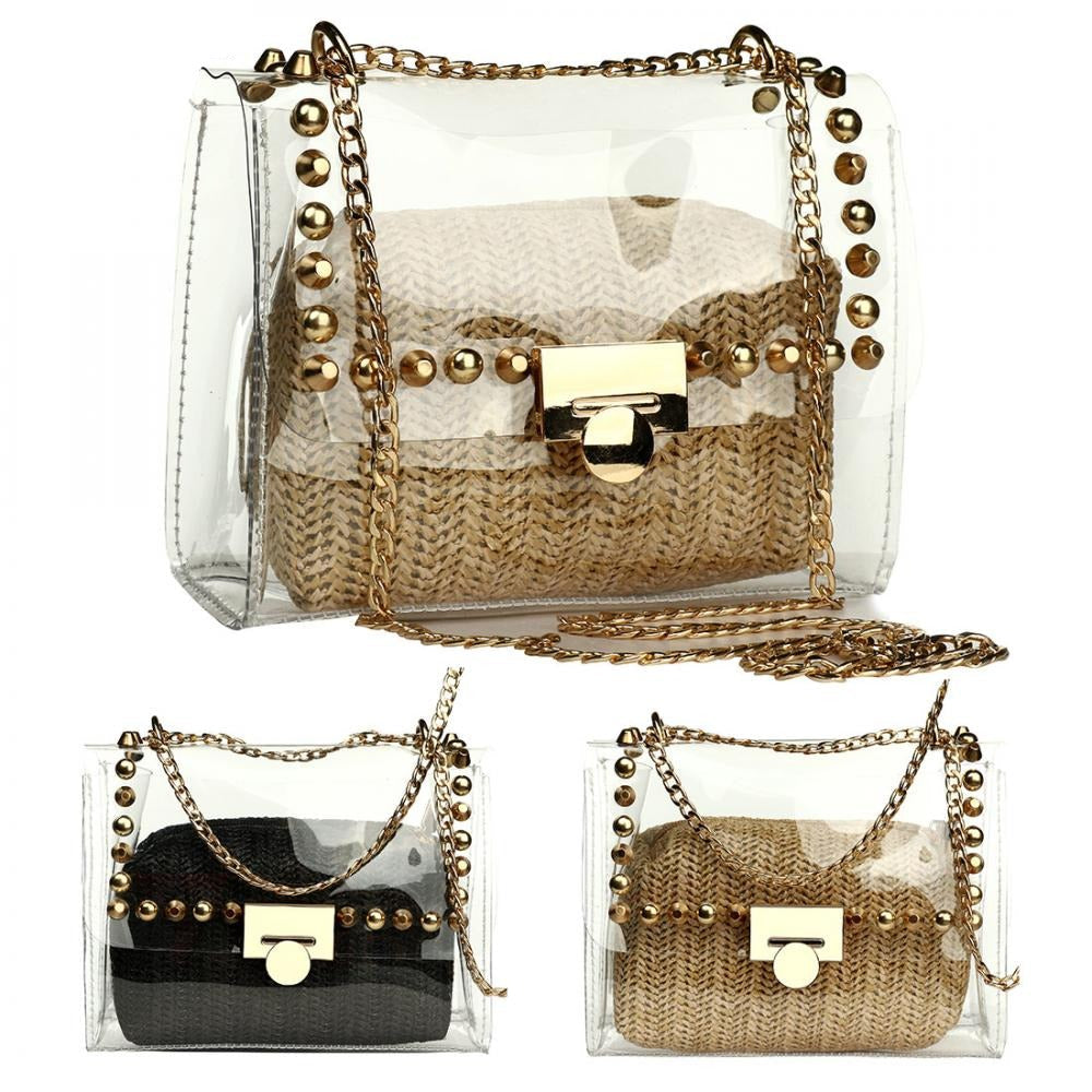 eybag Bag With Straw Purse Wallets Soft Surface Daybag Crossbody Bag With Chain Transparent Handbags With Rivet Clutch