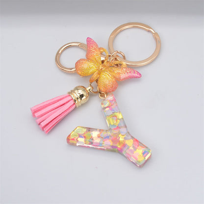 Lkblock New Exquisite 26 Letter Resin Keychain with Pink Tassel Gradient Butterfly Pendant Key Ring Women Bag Ornaments Accessories Gift