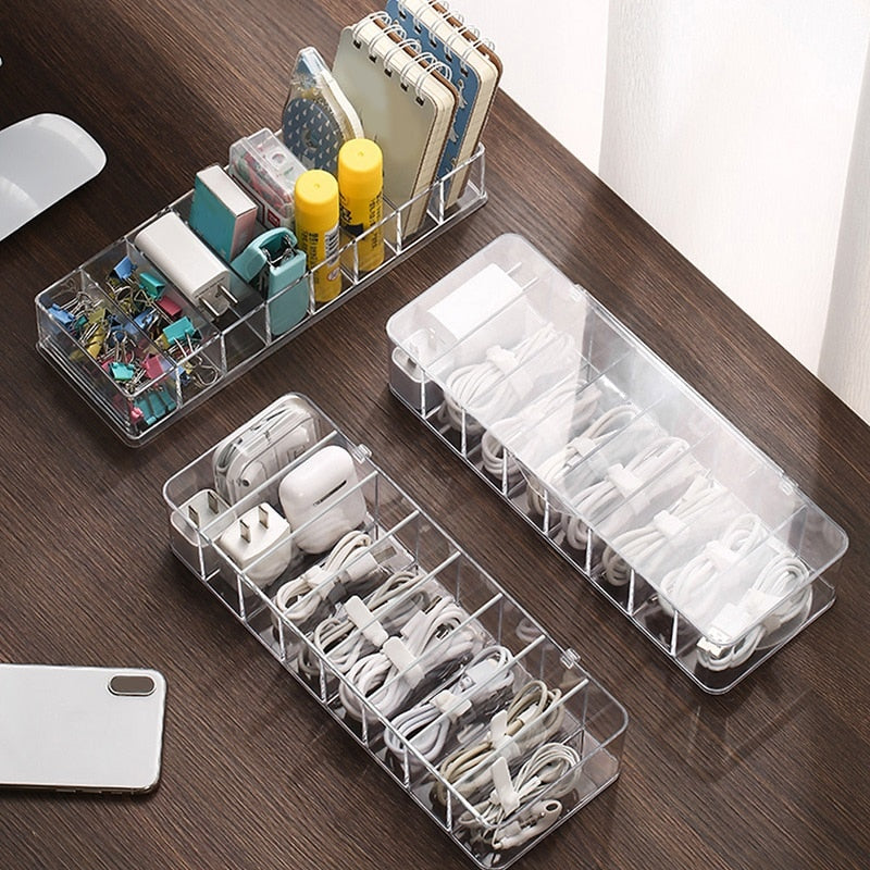 eybag Cable Storage Box Transparent Plastic Data Line Storage Container Desk Stationery Makeup Organizer Key Jewelry Box Office Holder