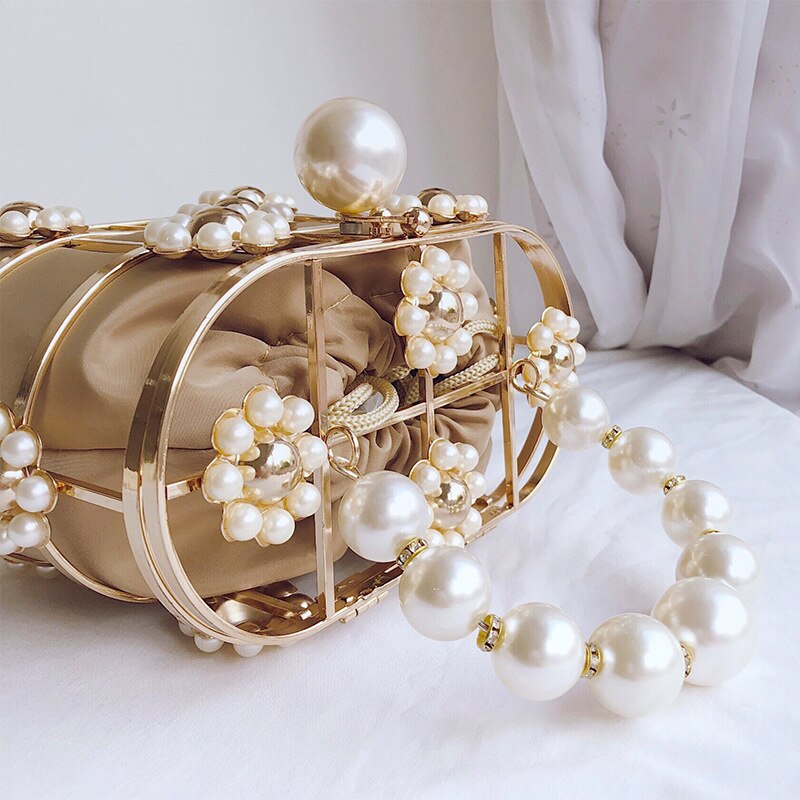 eybag Women's Evening Clutch Bag Hollow Out Pearl Flowers Beaded Metallic Wedding Clutch Purse Bucket Handbag for Party ZD1626