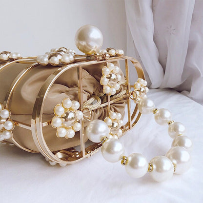 eybag Women's Evening Clutch Bag Hollow Out Pearl Flowers Beaded Metallic Wedding Clutch Purse Bucket Handbag for Party ZD1626