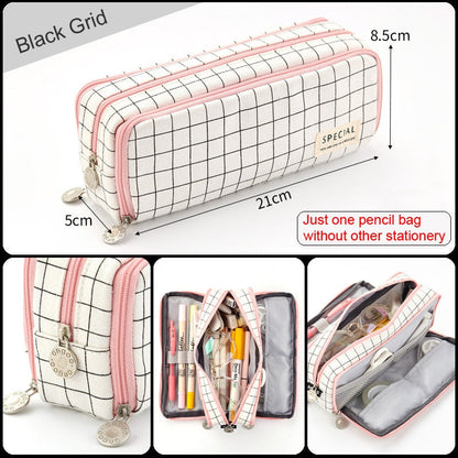 eybag Large Capacity Pencil Case Grid Canvas Pencilcase Student Pen Holder Supplies Pencil Bag School Box Pouch Stationery