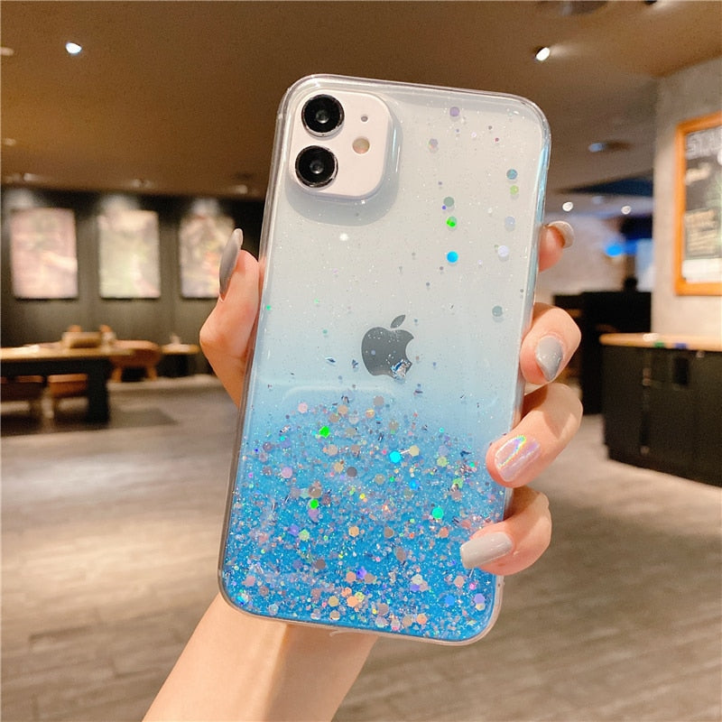 eybag Clear Glitter Phone Case For iPhone 13 12 Pro 11 Pro Max XS Max XR X 7 8 Plus 12Mini SE 2020 Cute Gradient Rainbow Sequins Coque