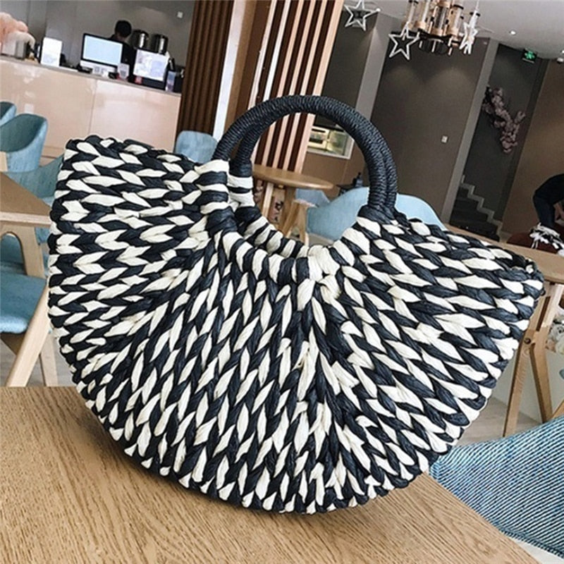 eybag New Straw Bag 2022 Women Hand-Woven Hollow Handbag Moon Shape Rattan Bag Big Capacity Drawstring Handbag Casual Travel Beach Bag