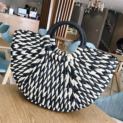 eybag New Straw Bag 2022 Women Hand-Woven Hollow Handbag Moon Shape Rattan Bag Big Capacity Drawstring Handbag Casual Travel Beach Bag