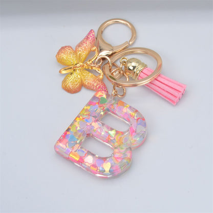 eybag New Exquisite 26 Letter Resin Keychain with Pink Tassel Gradient Butterfly Pendant Key Ring Women Bag Ornaments Accessories Gift