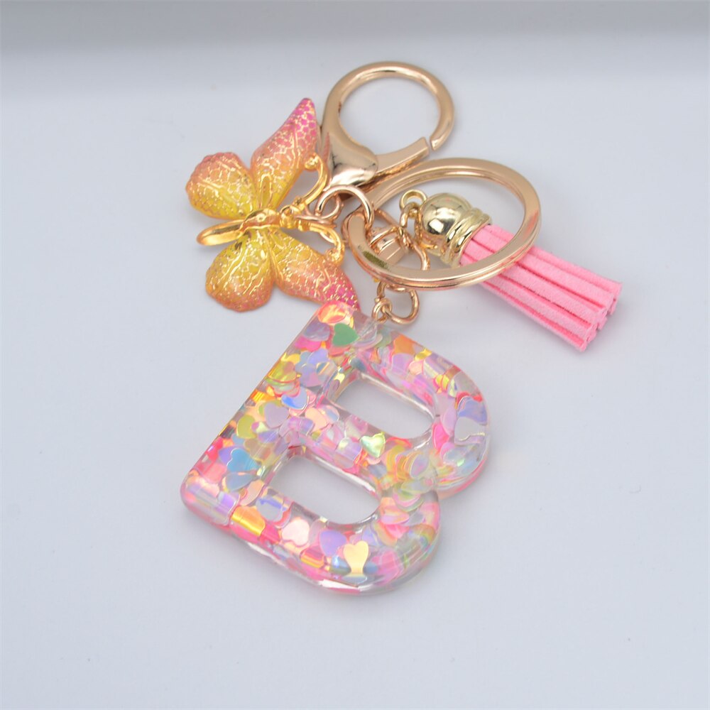 Lkblock New Exquisite 26 Letter Resin Keychain with Pink Tassel Gradient Butterfly Pendant Key Ring Women Bag Ornaments Accessories Gift