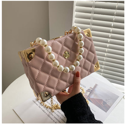 eybag Rhombus Lattice Shoulder Handbags for Women Luxury Leather Crossbody Bag Pearl Chain Tote Bag Ladies Solid Color Messenger Bags