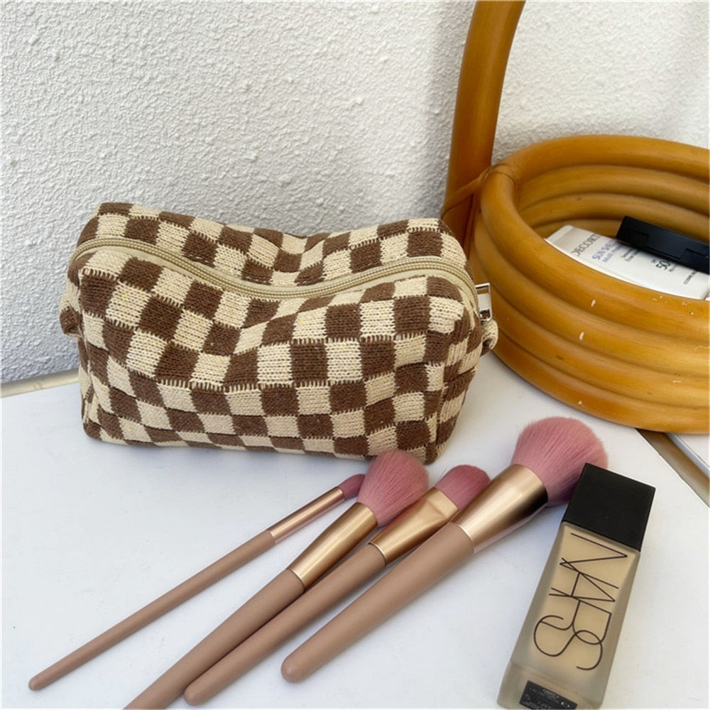 Lkblock Korean Ins Checkerboard Knitted Cosmetic Cases For Women Ladies Large Capacity Lattice Makeup Bags Plaid Beauty Organizer Pouch