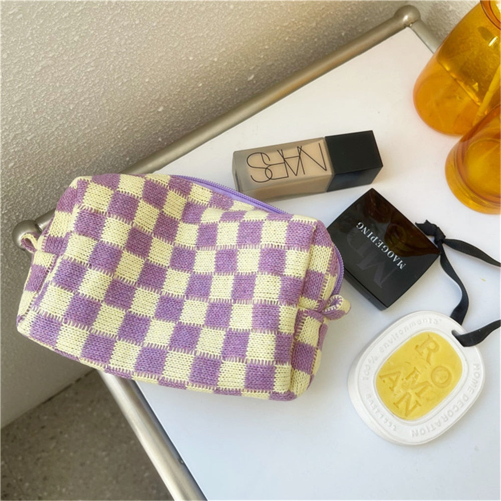 Lkblock Korean Ins Checkerboard Knitted Cosmetic Cases For Women Ladies Large Capacity Lattice Makeup Bags Plaid Beauty Organizer Pouch