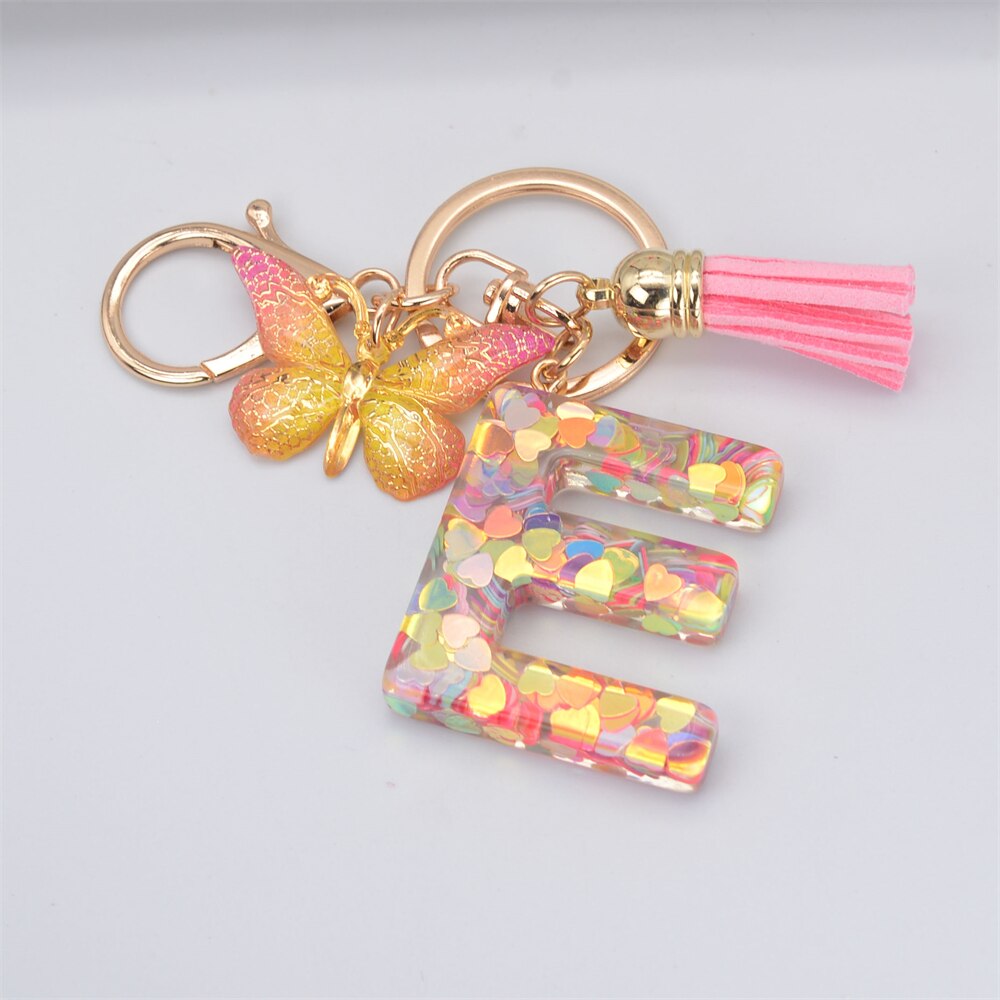 eybag New Exquisite 26 Letter Resin Keychain with Pink Tassel Gradient Butterfly Pendant Key Ring Women Bag Ornaments Accessories Gift