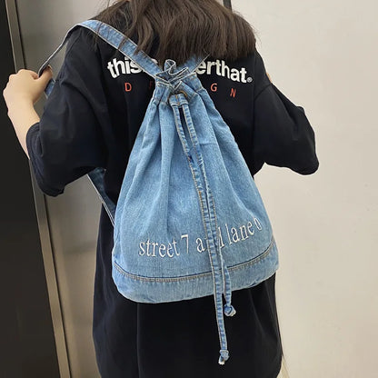 eybag Denim Drawstring Women Backpack Big Capacity Casual Cotton Women Backpacks Travel Shoulder Bags School Bag Rucksac Bagpack Blue