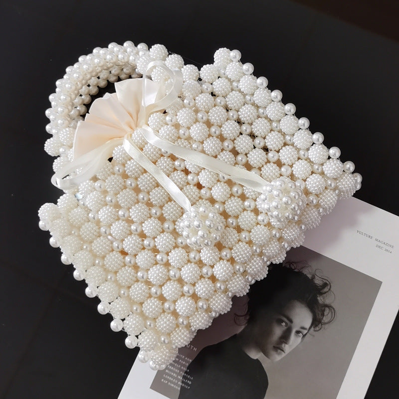 Lkblock Luxury Pearls Bag Handmade Beading Women Handbag Elegant Woven Party Wedding Evening Bag Small Box Basket Bags for Women 2021