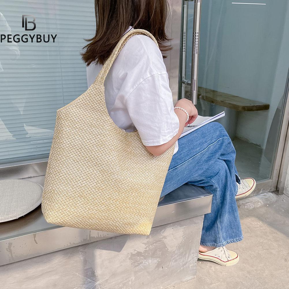 Lkblock Fashion Rattan Women Shoulder Bags Straw Woven Female Handbags Large Capacity Summer Beach Straw Bags Casual Totes Purses 2022